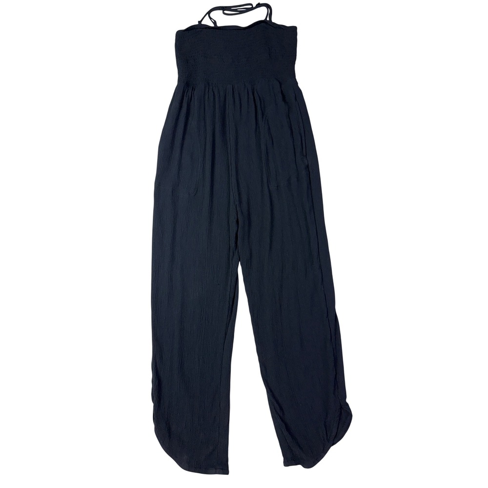 Prana Black Smocked Wide Leg Jumpsuit Small Textured Crinkle Strappy Boho